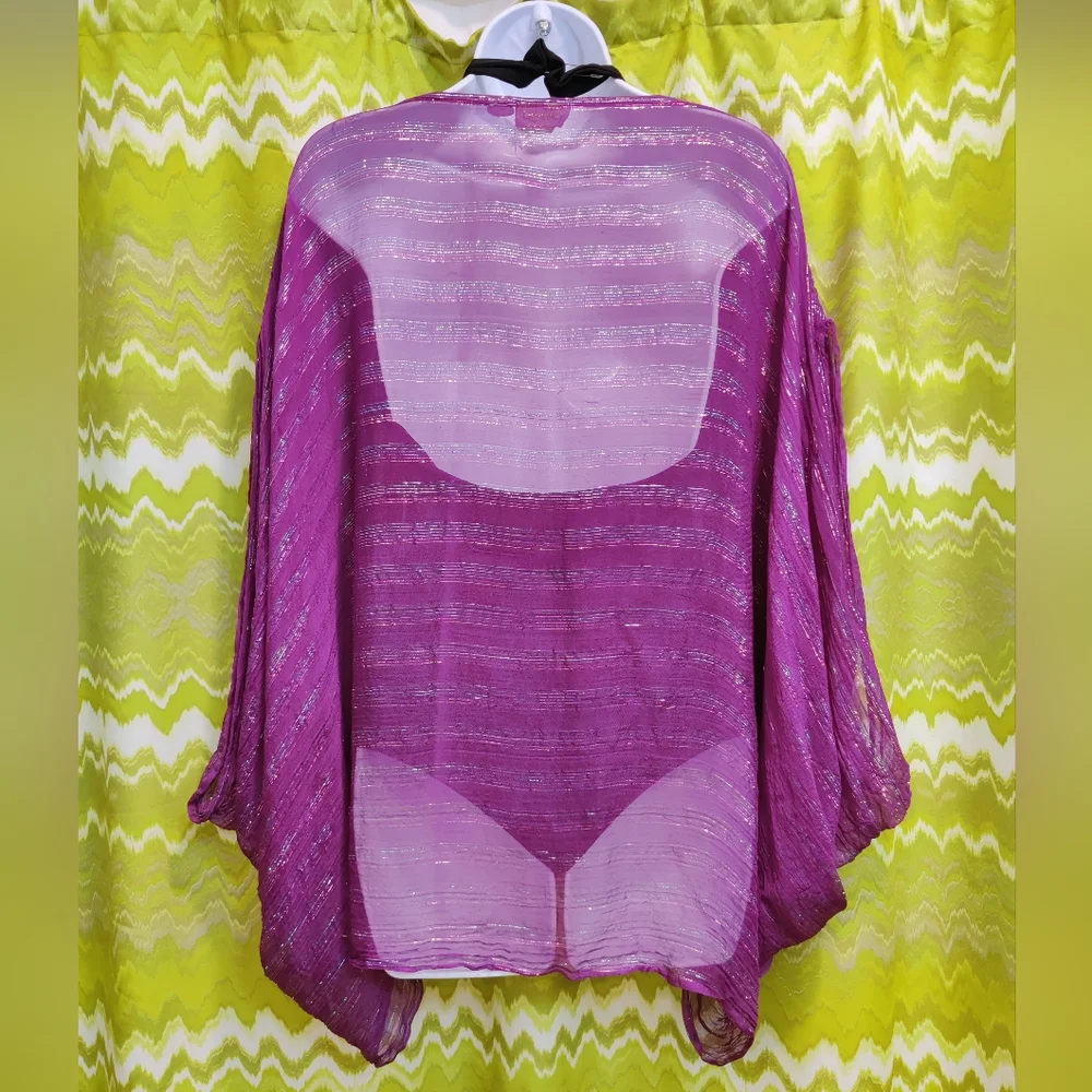 Sheer Vintage Plum Batwing Style Cover-up With Shimmer - Picture 2 of 6